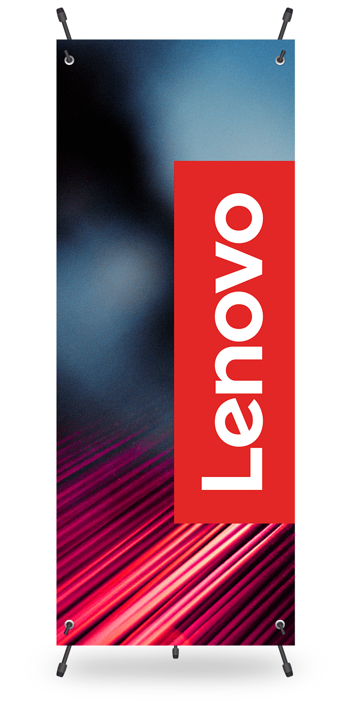 A decorated banner with the Lenovo logo.