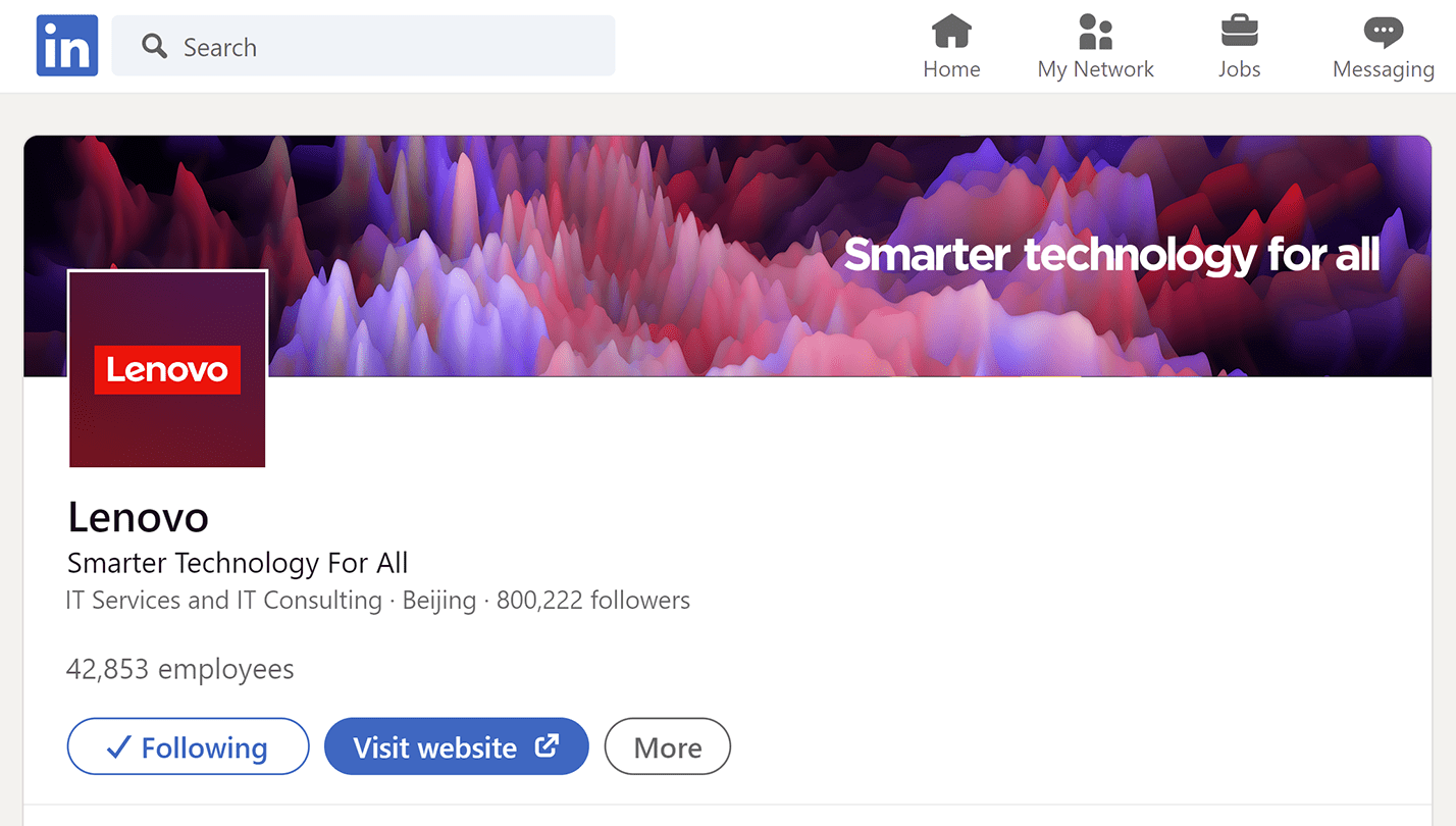 The Lenovo LinkedIn page with the "Smarter technology for all" banner.