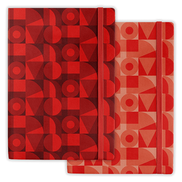 Notebook covers featuring the deep red and pale with signature red repeated alpha pattern.