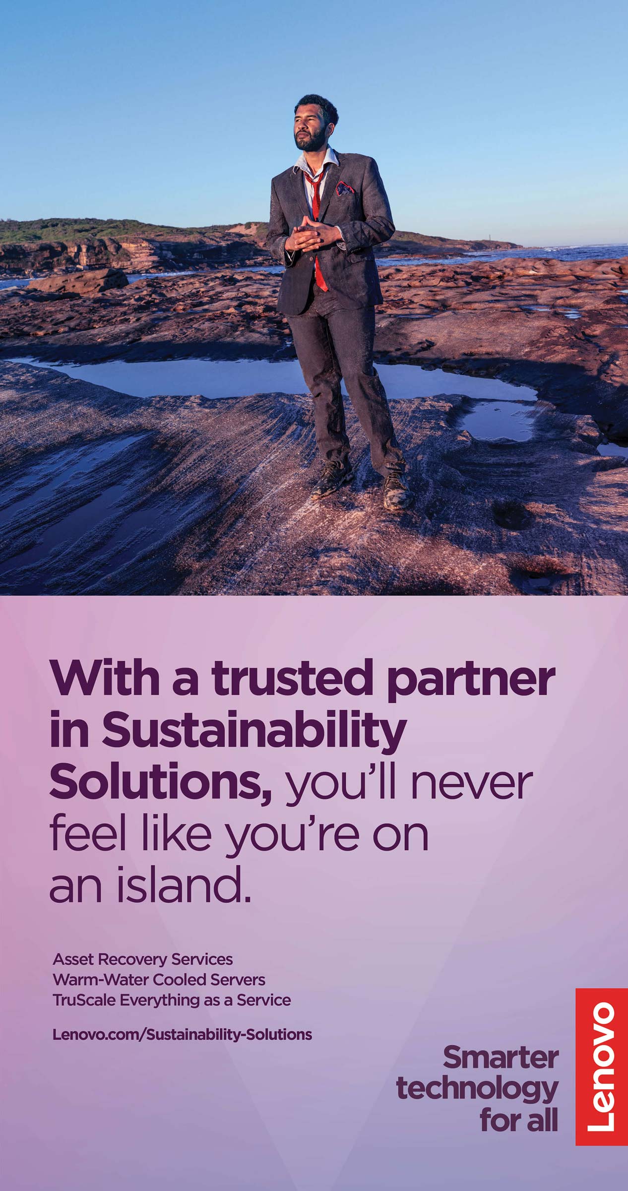 Correct example of the Lenovo logo-tagline illustrating a man standing on a rocky coastline showcasing Lenovo's Sustainbility Solutions.