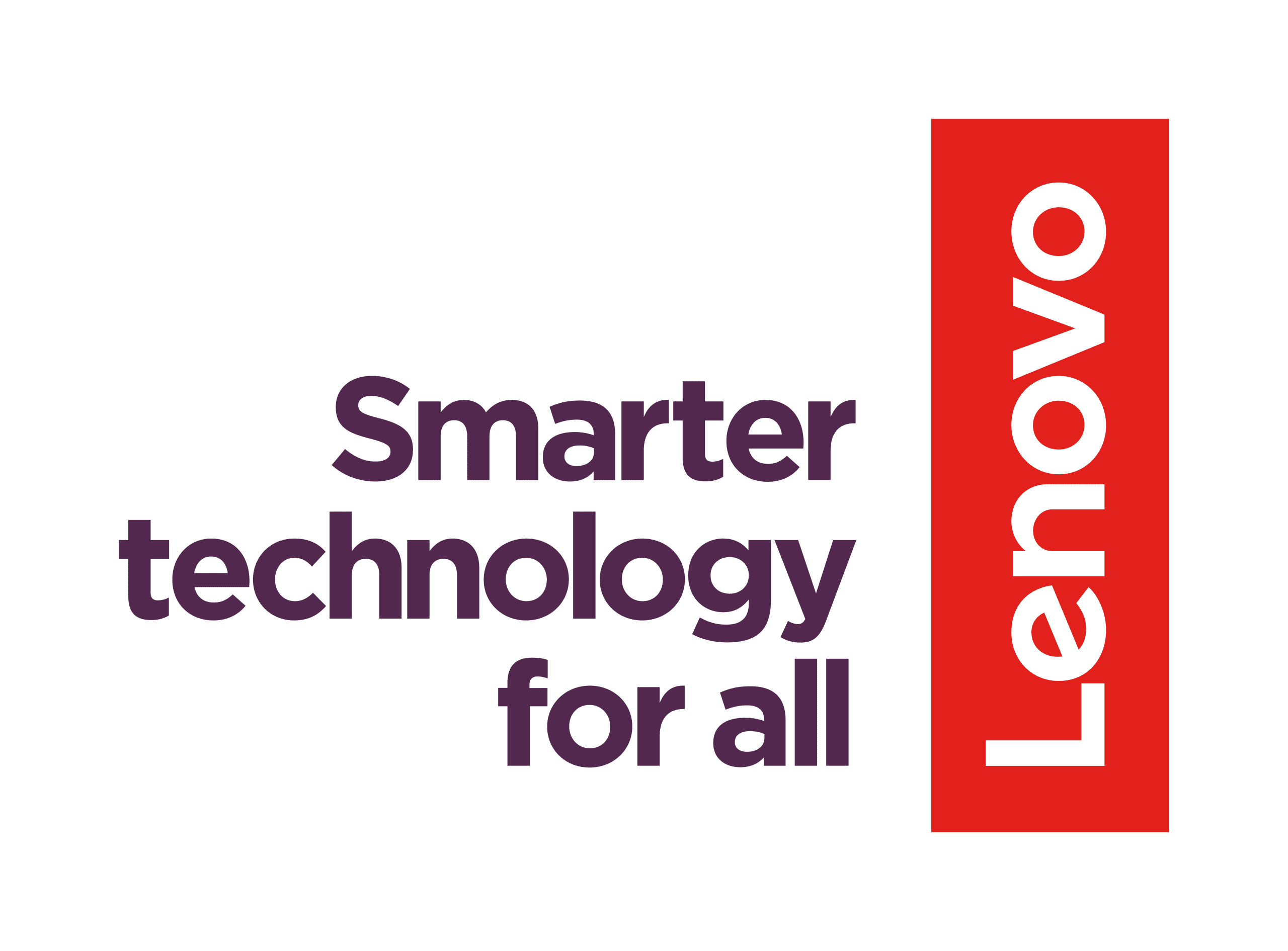 "Smarter technology for all" written in purple font with the verticle, red Lenovo logo on the right.