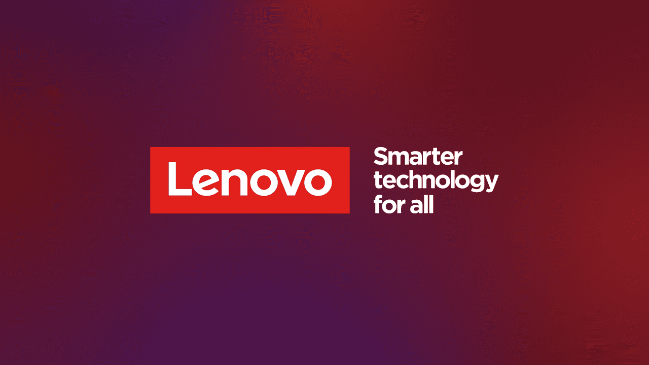The moving media Lenovo logo lockup on a background with the passion smarter gradient.