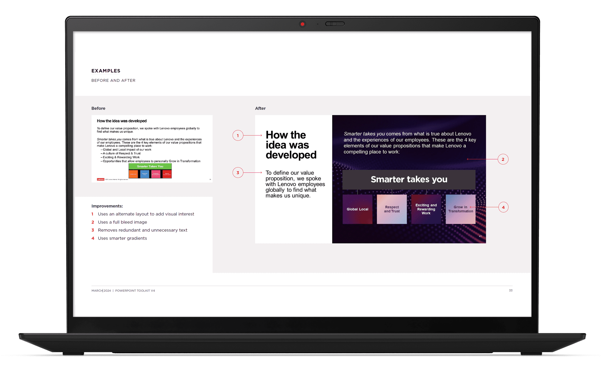 Example of before and after presentation slide design